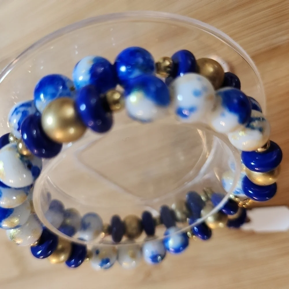 Hand Crafted Memory Wire Wrap Bracelet Royal Blue Gold White Small/Medium